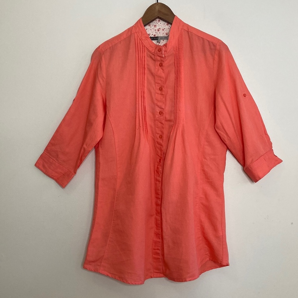 Out of Ireland Top Womens XL Coral Orange Linen Cotton Roll Tab Blouse Tunic